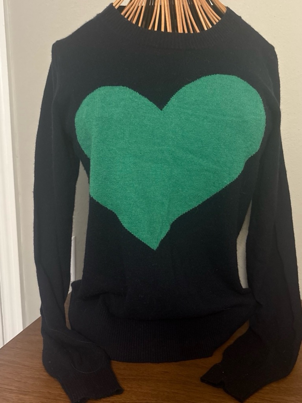 Vintage J.Cres Navy and Green Sweater with Green Heart - Women's Knit Pullover